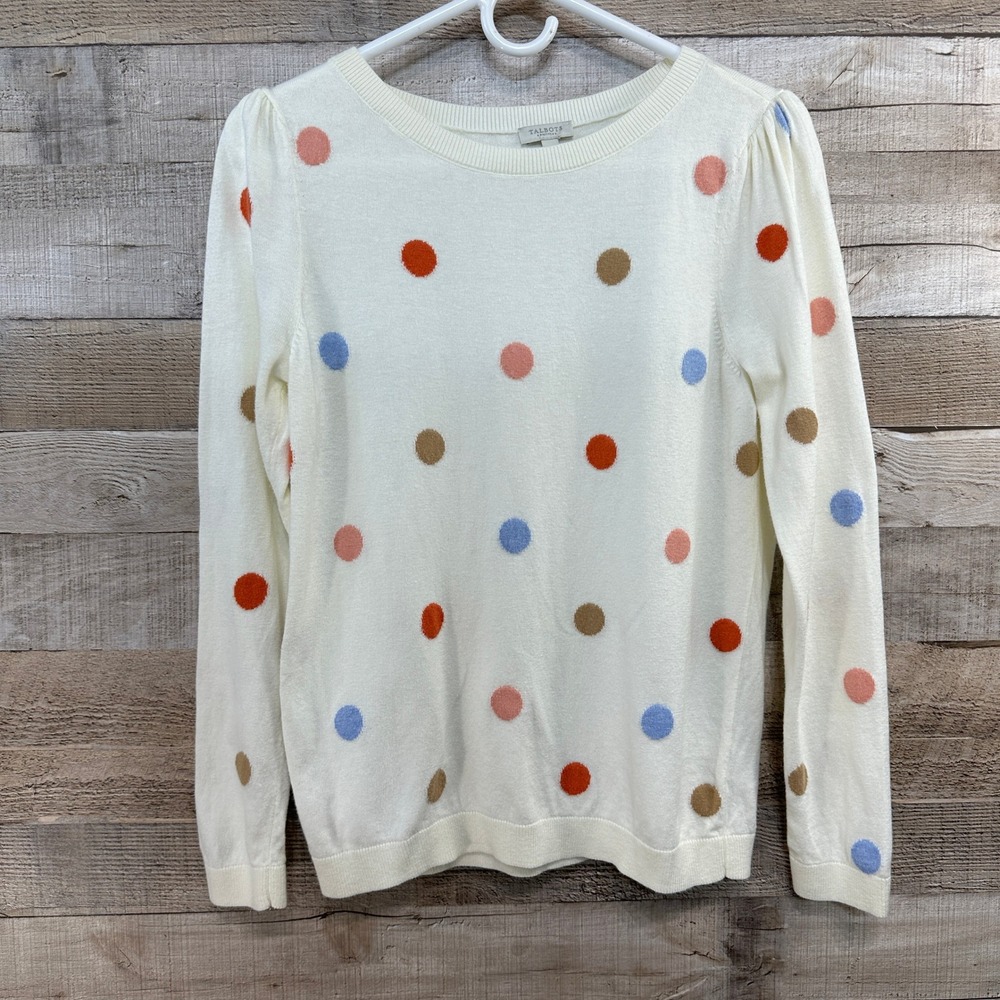 Talbots Cream Multi Color Polka Dot Crew Neck Sweater Petite M Puff Sleeve